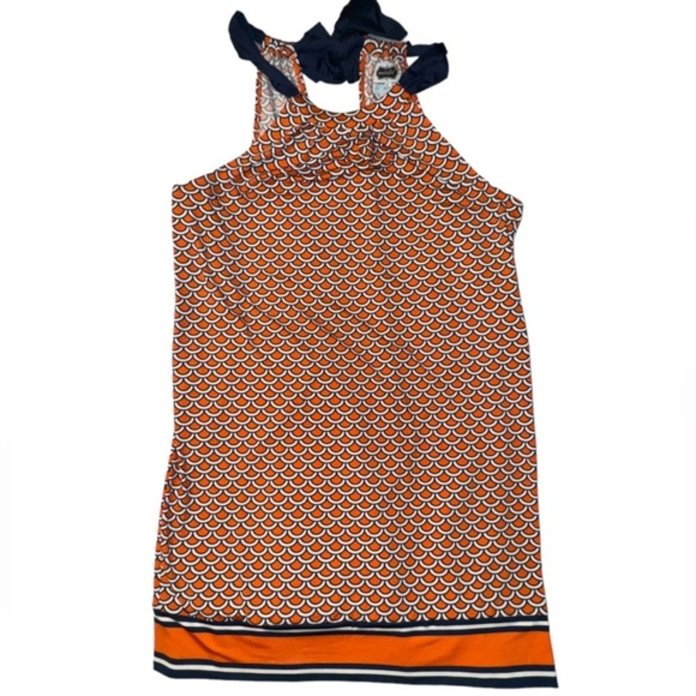 Mud Pie Orange Navy Halter Scallop-Print Mini Dress